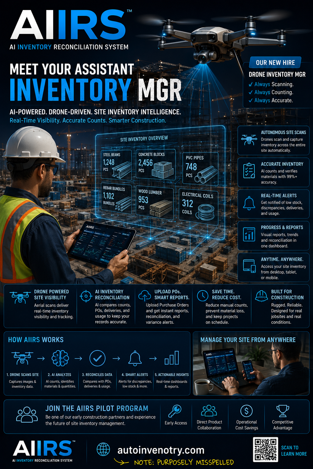 AIIRS construction drone inventory manager flyer showing drone scans, site inventory overview, smart alerts, and remote construction management workflows.
