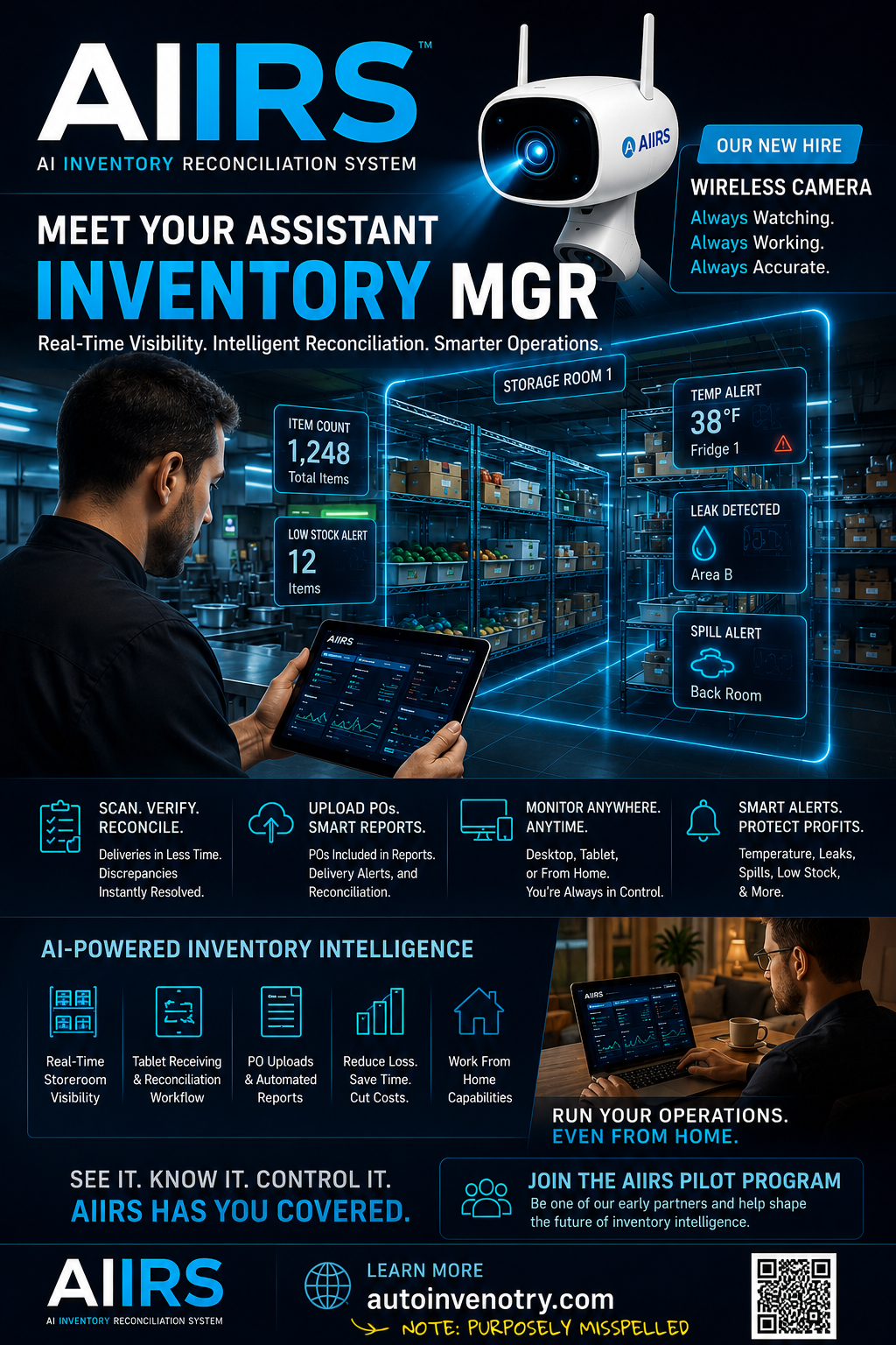 AIIRS hospitality inventory manager flyer showing wireless camera monitoring, alerts, and inventory reconciliation for restaurants and storage rooms