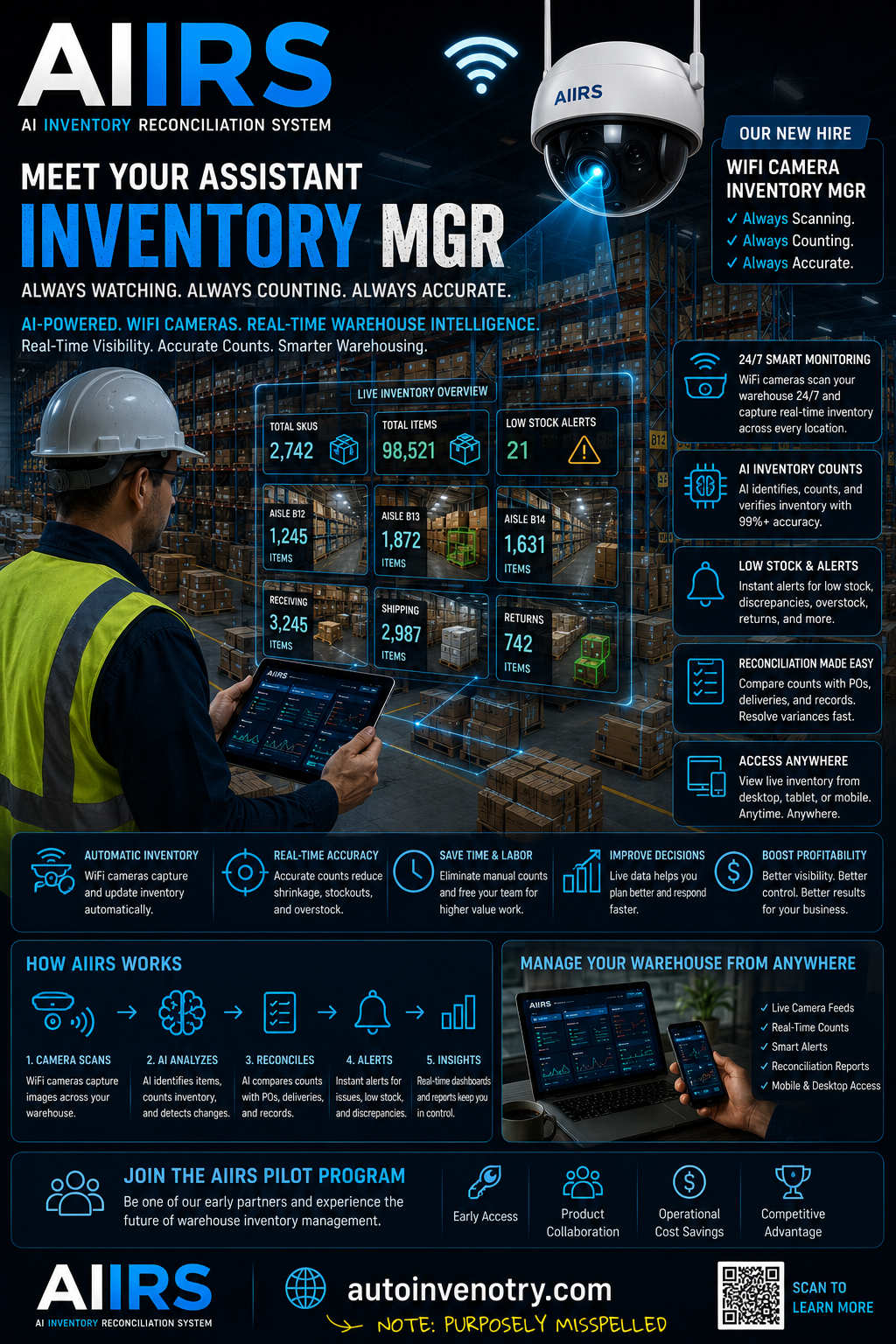AIIRS warehouse inventory manager flyer showing WiFi camera scans, live counts, warehouse monitoring, alerts, and reconciliation workflows.